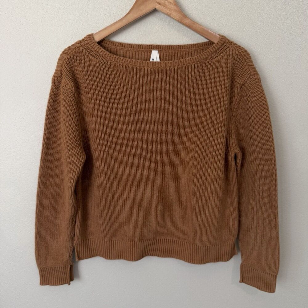 Pact Organic Cotton Luxe Chunky Knit Boatneck Sweater Ribbed Camel Womens M